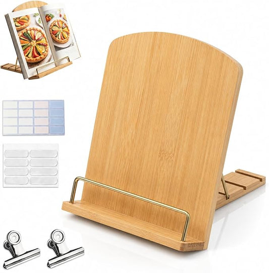 Adjustable Bamboo Cookbook Stand for Kitchen Counter – Multi-Functional Recipe Holder for Tablets, Cookbooks, Magazines & Textbooks – Perfect Kitchen Gift for Women (Plain)