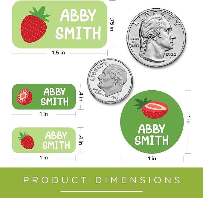 Personalized Daycare Name Labels for Kids, (130 Pack) Waterproof Custom Name Stickers for Clothing Tags, Lunch Boxes and School Supplies, Made in USA by MSC -Strawberry
