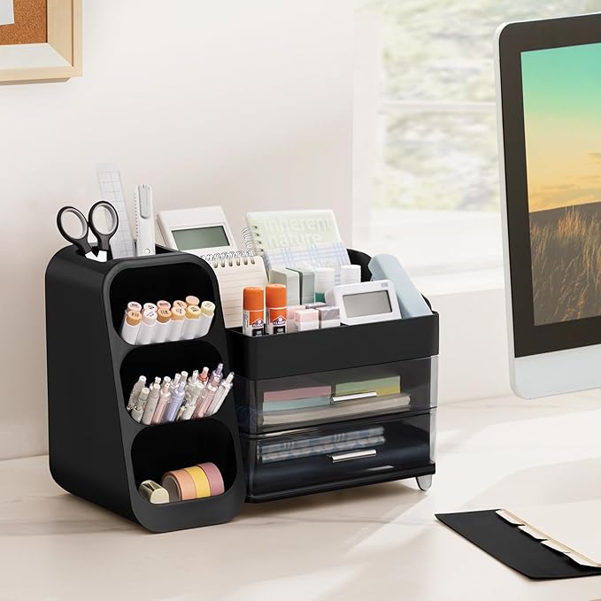 HBlife Desk Organizer with Pen Pencil Holder for Desk, Pen Organizer with 2 Drawers, Desk Organizers and Accessories with 4 Compartments, Desktop Storage for Office Home School Art Supplies, Black