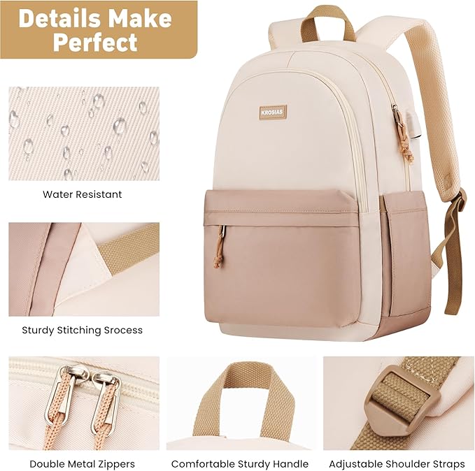KROSIAS School Backpack for Teens Girls, Cute Student Bookbag Large 15.6 Inch Laptop Bag Aesthetic College Backpacks for Women High School Travel (Khaki Beige)