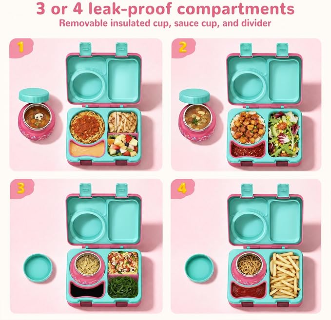 Kids Insulated Lunch Box with 8OZ Thermo Food Jar | Leakproof Bento Box with Ice Pack Sauce Cup Utensils Removable Tray & Dividers for School Daycare Travel, Rainbow Butterflies