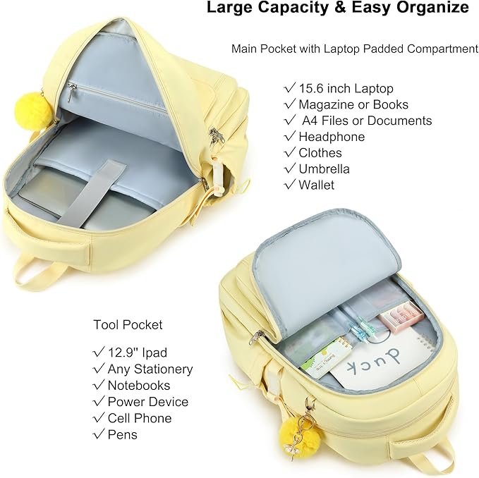 School Bag for Teens Girls,Girls Backpack,3 PCS Backpack for Girl, 15.6 Inch Laptop with Lunch Box Pencil Pouch Set (Yellow Set)