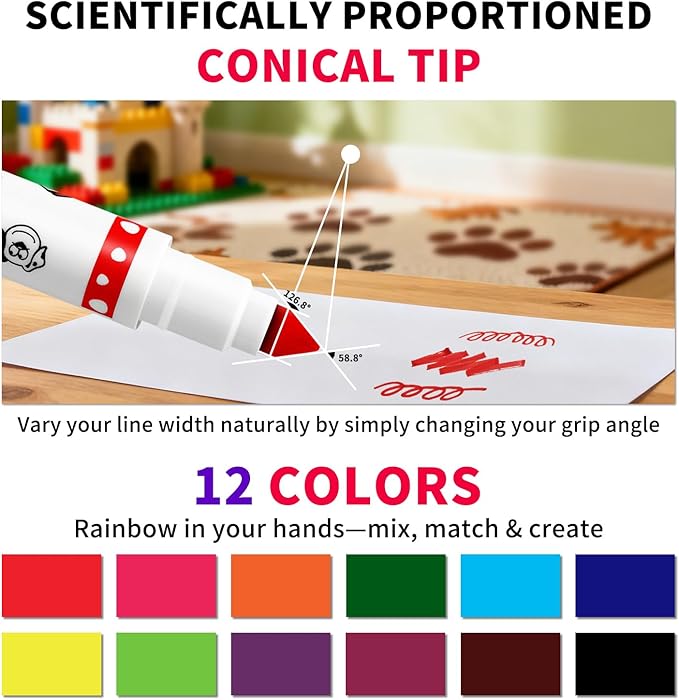 Washable Markers for Kids, 12 Vibrant Colors with Cone Tips & Easy-Grip Barrel - Toddler Art Supplies, Washable from Skin & Clothes, Portable Case for Preschool, Home, Travel (cartoon, Count, 12)