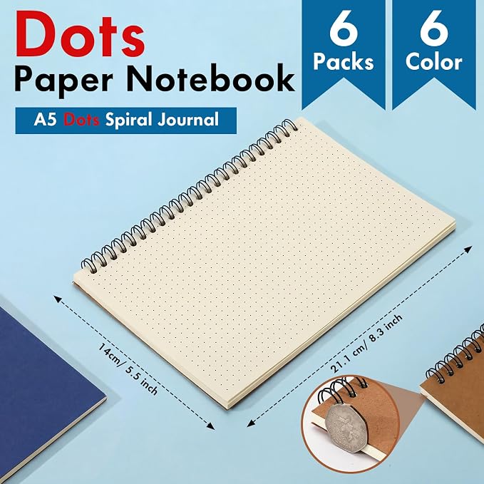 Epakh 6 Pack Spiral Notebook Bulk, Back to School Hardcover Spiral Journal Notebook 5.5 x 8.3 Inch, First Day of School Travel Writing Journal Notepad, 50 Sheets 100 Pages(Dotted,Assorted Colors)