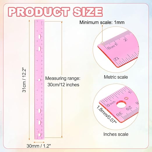 HARFINGTON 12pcs Plastic Rulers 12" (30cm) Clear Straight Ruler Measuring Tool Inches and Centimeters with Hole for Home Office Classrooms Drafting, Clear Pink