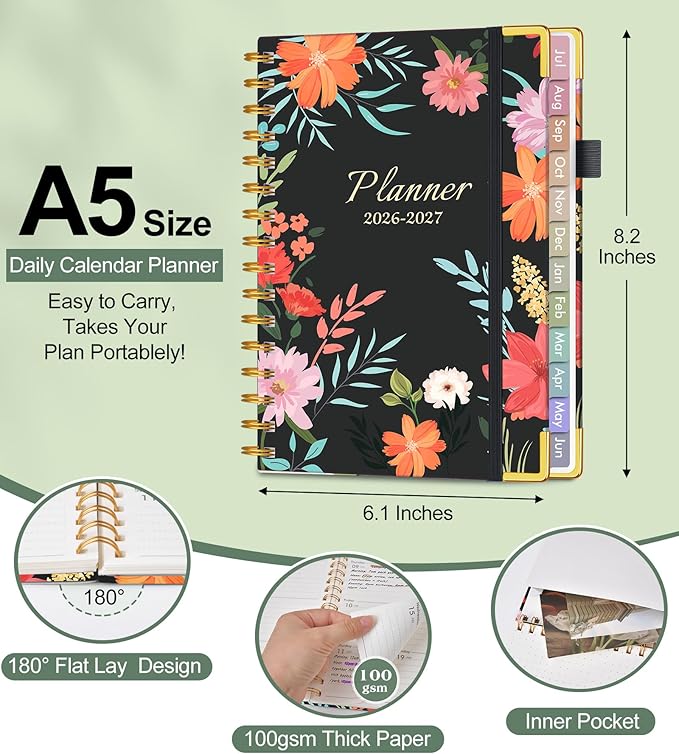 Academic Planner 2026-2027, Hardcover Weekly and Monthly Calendar Planner from July 2026 - June 2027, Daily Agenda Planners with Tabs, College School Organizer for Student Teacher, A5 (6.1" x 8.2"), Blooming Wildly