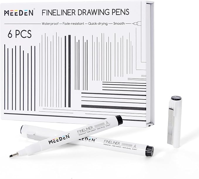 MEEDEN Micro Fineliner Drawing Pens: 2mm Chisel Nib, 6 Pack, Black Ink