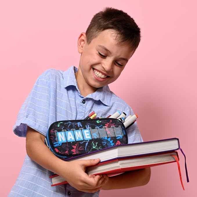 Cambond Pencil Case for Boys - School Pencil Pouch Kids, Black Dinosaur | Cute Pencil Case for Kids With Name Card and Slot, Boys Aesthetic Shool Supplies for Staionary, Water-Resistent Pen Bag
