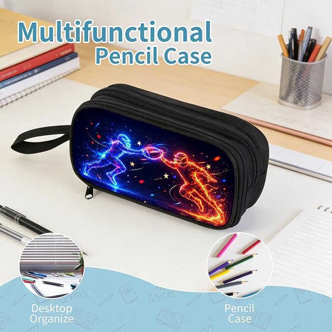Firmiso Kids Pencil Case, Neon Football Clash Graphic, Large Capacity Double Zipper Pencil Pouch with Compartments, Durable Polyester School Supplies Organizer, Pen Case for Boys Girls Teens