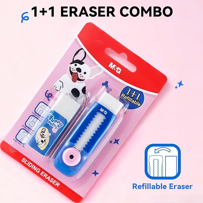 M&G 1+1 Pack Blue Sliding Retractable Cute Eraser Set, Refillable Soft Large Rubber Eraser with Sleeve for Kids Students School Office Supplies