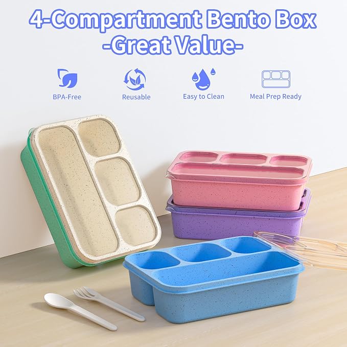 Bento Box 5-Pack, 4-Compartment Lunch Box for Women, Men & Kids, BPA-Free Wheat Straw Snack Containers, Ideal for Meal Prep, Travel, School, Work (Purple)