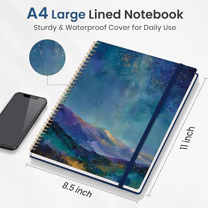 Taja Large Spiral Lined Journal for Women, 8.5" x 11" Notebooks for Work Collge Ruled, A4 Aesthetic Cute Journaling Notebooks for Writing, Plastic Cover, Starlit Peaks