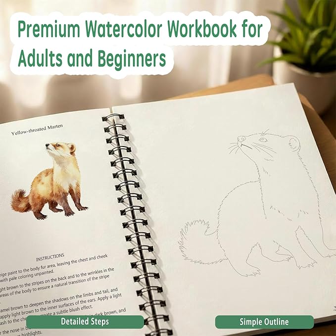 Watercolor Workbooks Coloring Book, Beginner Friendly Painting Kit, Detailed Steps, Creative Exploration Watercolor Book with Paint Set for Adults Teens (Wild Animals, With paint)