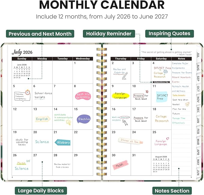 Planner 2026-2027, Academic Planner Weekly and Monthly, Jul 2026 - Jun 2027, Spiral Bound School Planning Tool with Tabs and Pocket, Perfect for Students & Teacher, 6.3" x 8.5", Iris Peony