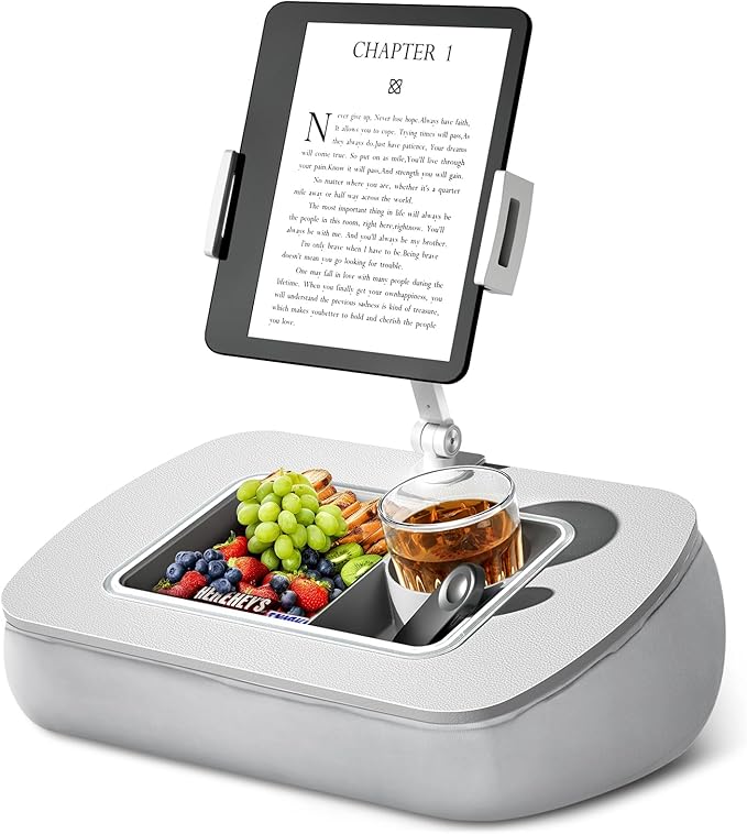 ERGONOV Tablet Stand Pillow with Snack Bowl, iPad Lap Holder for Hands-Free Reading and Relaxation on Bed,Couch,Recliner, 360° Rotating Clip for 4.7-13" Kindle,eBook,Tablet,iPhone (Light Gray)