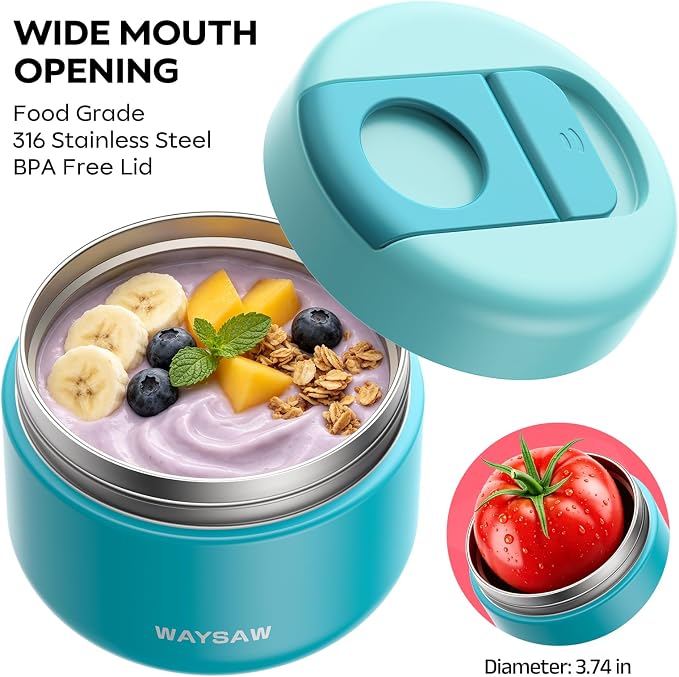 14 oz Kids Thermo for Hot Food, Leakproof Insulated Vacuum Jar/Blue | 316 stainless steel wide mouth buckle lid BPA free pasta soup small hand friendlly keep food hot and cold school lunch picnic