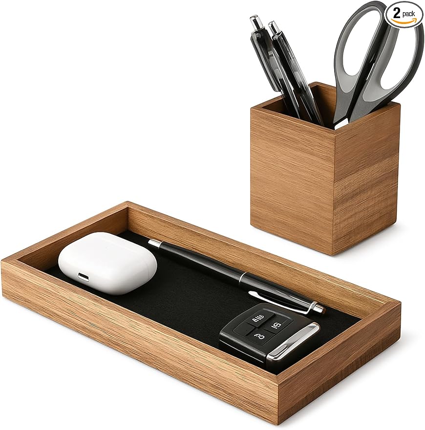 HULISEN Wooden Desk Organizer Tray with Pen Holder, Non-Slip Desk Tray and Pencil Holder Set with Felt Lined, Desktop Accessories for Home Office Workspace Organization