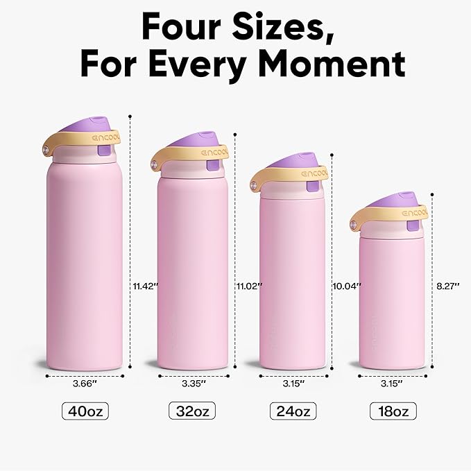 ENCOOL Leakproof Insulated Water Bottle with Straw Dual-Sip Water Bottle Bag-Safe Design for Work, Commute & Gym – Keeps Drinks Cold All Day, 32 oz, Peach Purple