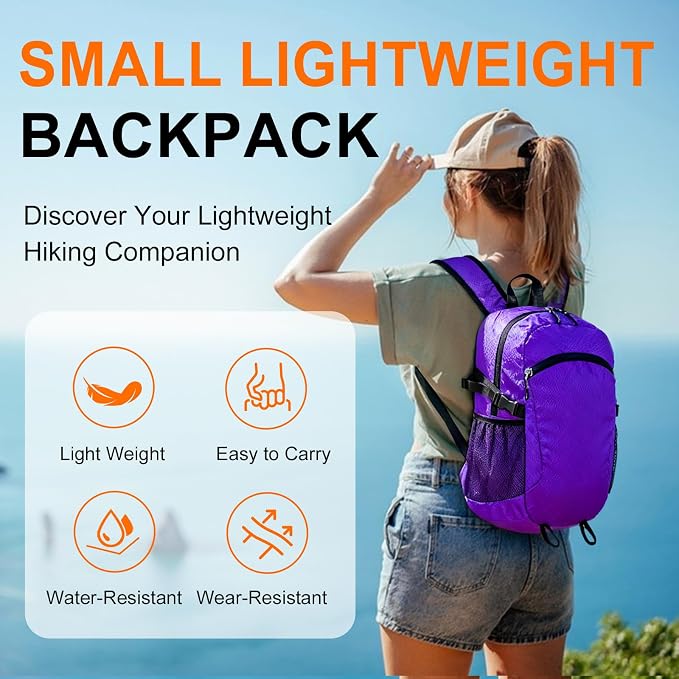 Small Hiking Backpack 15L Travel Lightweight Hiking Packable Daypack Water-Resistant Foldable Backpacks for Women Men Camping (Purple)