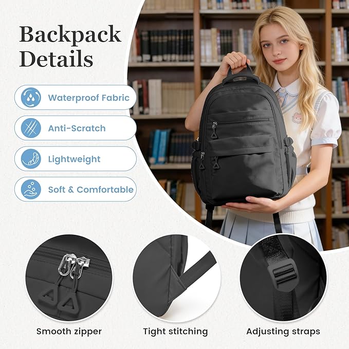 Black Backpack for College Students Women Men, Aesthetic Backpacks for Middle School, Waterproof Bookbag, Lightweight High School Backpack for Teens Boys Girls