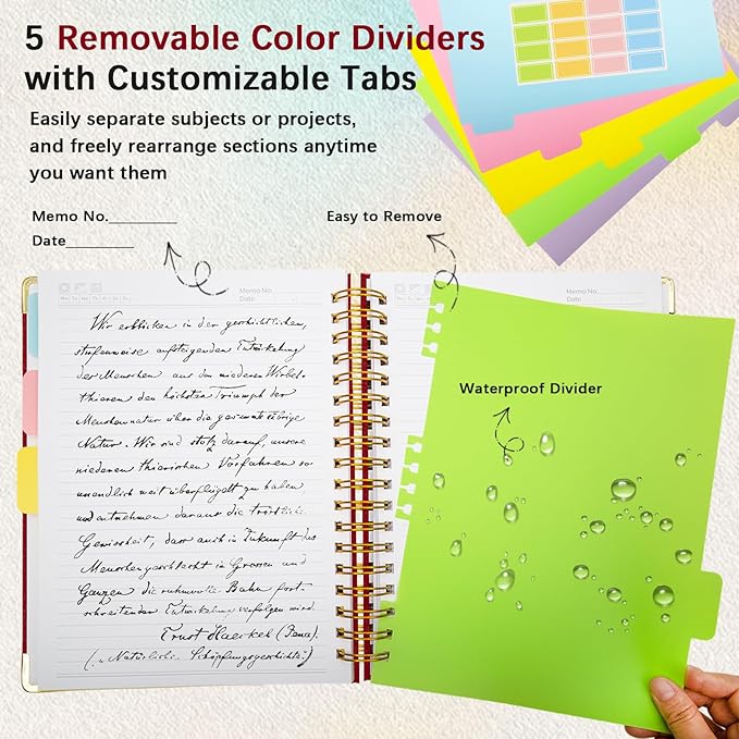 Hardcover Spiral Notebook with Removable Dividers & Tabs, 8"x10" 5 Subject Notebooks for Work, 300 Pages College Ruled Notebook, B5 Sparkle Lined Journal for Women Girls Note-Taking (Rose Red)