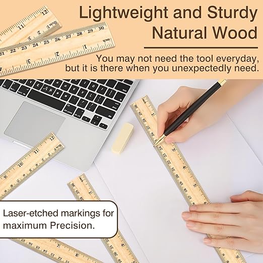 4-Pack Wooden Measuring Rulers – 12 Inch / 30 cm Dual-Sided Wood Ruler Set for Students, Teachers, Office & School Use
