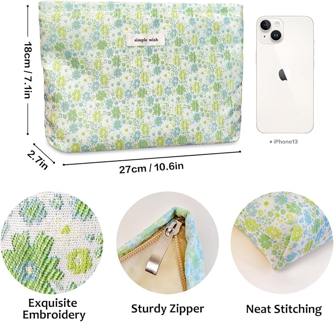 STARDW Aesthetic Floral Makeup Bag Cute Small Cosmetic Bags for Women Girls, Travel Toiletry Bag Large Capacity Zipper Makeup Pouch, Purse Organizer Pouches (Fresh Green)