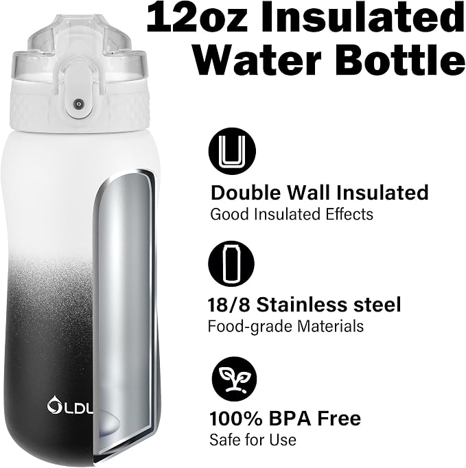 OLDLEY Insulated Water Bottle 12oz Water Bottles with Straw, Stainless Steel Water Bottle with 2 Lids, Double Wall Vacuum Bottels for Adults School Kids, Leak-Proof Travel Sport Bottles, White Black