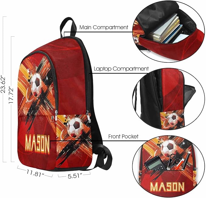 M YESCUSTOM Personalize Boys Backpack with Lunch Box, Red Football Soccer Custom Toddler Sports Backpack with Name Elementary School Kindergarten Travel Bookbag