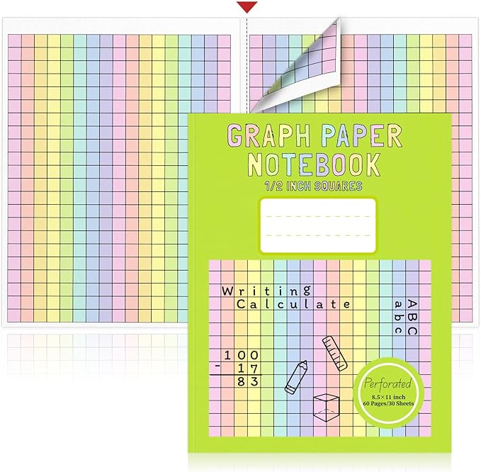 3 Pack 8.5×11 Colored Graph Paper Pad Math Graph Notebook Grid Paper 1/2 Inch Squares Large Quad Ruled Grid Composition Book Double Sided Graph Paper Colored Grid Notebook For Kids School Supplies