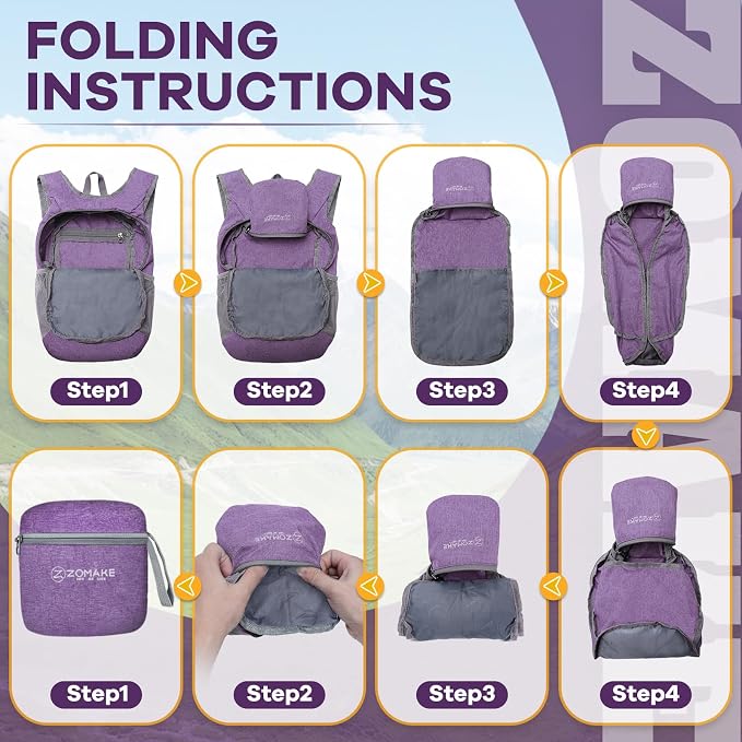 ZOMAKE Lightweight Packable Backpack, 10L Small Foldable Daypack for Hiking | Water Resistant Collapsible Backpacks for Women Men,Everyday Carry,Multi Compartment Storage,Adjustable Strap(Light PurpleA1)
