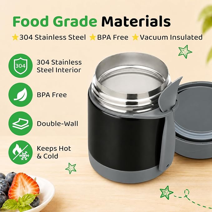 10oz Soup Thermo for Hot Food Kids Insulated Food Jar,Thermo Hot Food Lunch Container, Width Mouth Stainless Steel Lunch Box for Kids with Spoon (Black)