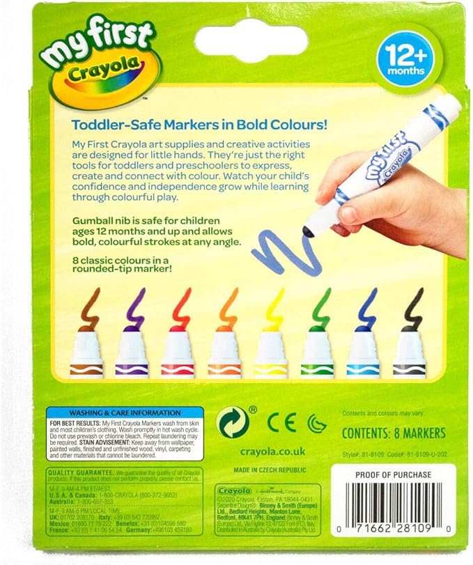 CRAYOLA MyFirst Washable Markers - Assorted Colours (Pack of 8) | Easy-Grip Markers Ideal for Toddlers Hands | Ideal for Kids Aged 12+ Months