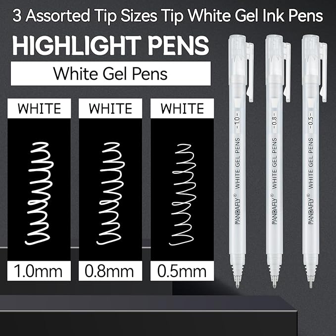 PANDAFLY White Gel Pens, 0.5/0.8/1.0mm Assorted Fine Medium Bold Tips, Opaque Archival White Ink Pens for Black Paper, Art Drawing, Journaling, Highlighting, DIY Crafts, Holiday Gifts, 3 Pack
