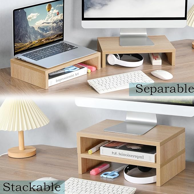TEAMIX Wood Monitor Stand Riser - 2 Pack Adjustable Dual Monitor Riser for Laptop/PC
