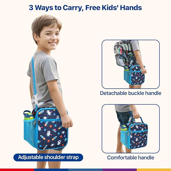 Bagseri Kids Lunch Bag with Shoulder Strap - Insulated Crossbody Boys Lunch Box for School & Travel, Reusable Large Meal Tote with Bottle Holder, Fits Bento Box, Navy Space