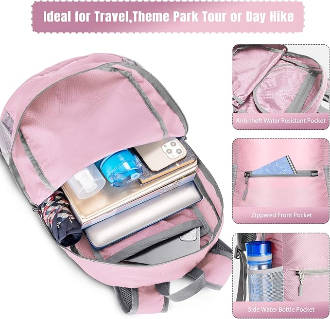 ZOMAKE Ultra Lightweight Hiking Backpack 20L, Packable Small Backpacks Water Resistant Daypack for Women Men(Light Pink)