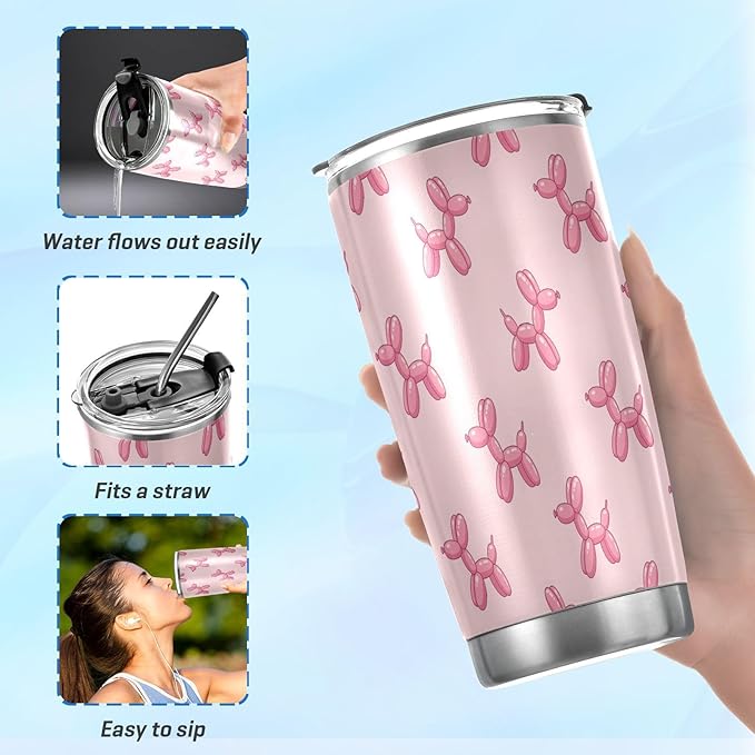 Balloon Dogs Pink 20oz Tumbler with Lid and Straw Travel Coffee Cup Mug Insulated Tumblers Drinking Mugs Water Bottle Cups Stainless Steel Cup Tea Mug