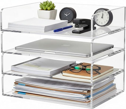 Harloon 4 Tier Paper Organizer Letter Tray Acrylic Desk File Organizer Heavy Duty Stackable Documents Clear Letter Paper Holder Sorter Office Tray for A4, Office Classroom Home File Pad Notebooks
