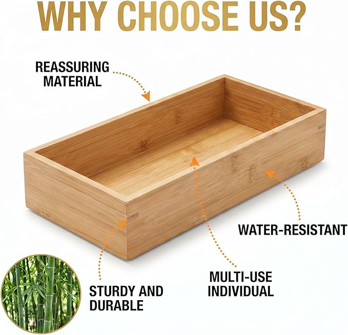 Bamboo Drawer Organizer 11.8x5.9x2.4 Inch | Rectangle Drawer Divider & Utensil Tray for Kitchen, Bathroom, Office, Makeup & Jewelry