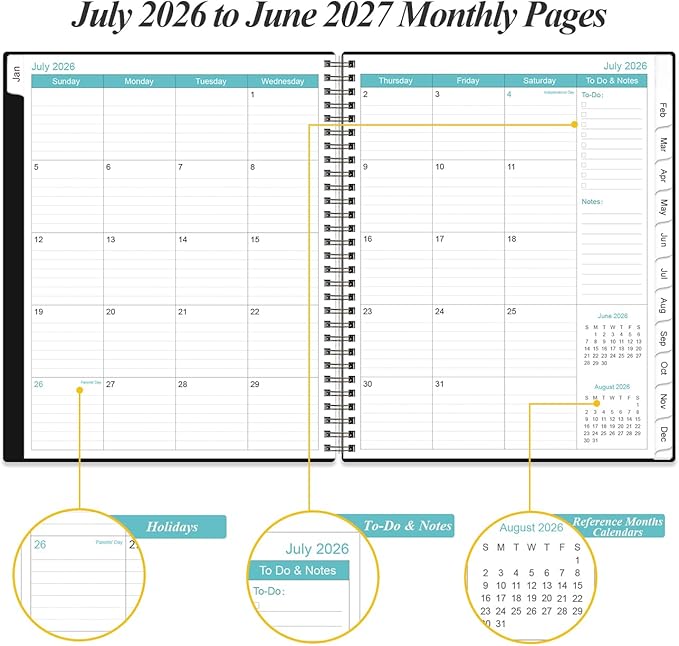 2026-2027 Planner - Planner 2026-2027 from July 2026 to June 2027 with 12 Monthly Tabs, Flexible Cover, Inner Pocket, 8.5" x 11", Black