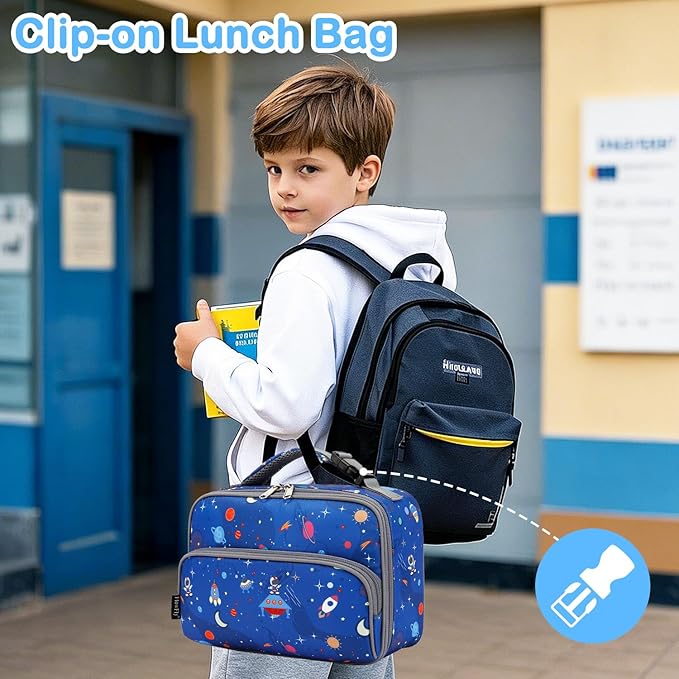 FlowFly Kids Lunch box Insulated Soft Bag Mini Cooler Back to School Thermal Meal Tote Kit for Girls, Boys, Astro&Rocket