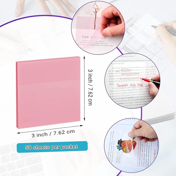 ENLUOM 400 Sheets Colored Transparent Sticky Notes - 3 x 3 in Translucent Sticky Notes, Pastel Clear Waterproof See Through Self-Sticky Note, Aesthetic Bible Journaling Sticky Notes (8 Pads)