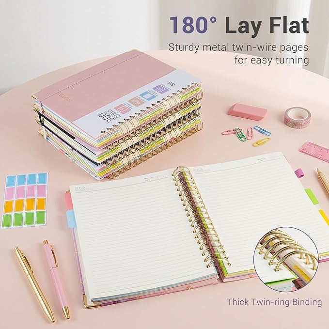 Hardcover Spiral Journal Notebook, 300 Pages 5 Subject Notebook College Ruled with Removable Dividers Tabs, 8" x 10" Notebooks for Work, Spiral Ruled Lined Writing Journal Hardcover Leather Notebook for School (Purple, 8''x 10'')