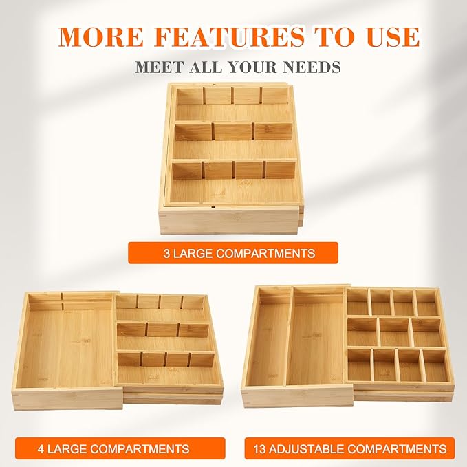 Bamboo Sliding Desk Drawer Organizer 9'' up to 17.9'' x 12'' x 2.2'' Expandable Office Desk Accessories Supplies Tray with 11 Compartments for Pens, Notebooks, Rulers, and Makeup Jewelry Vanity