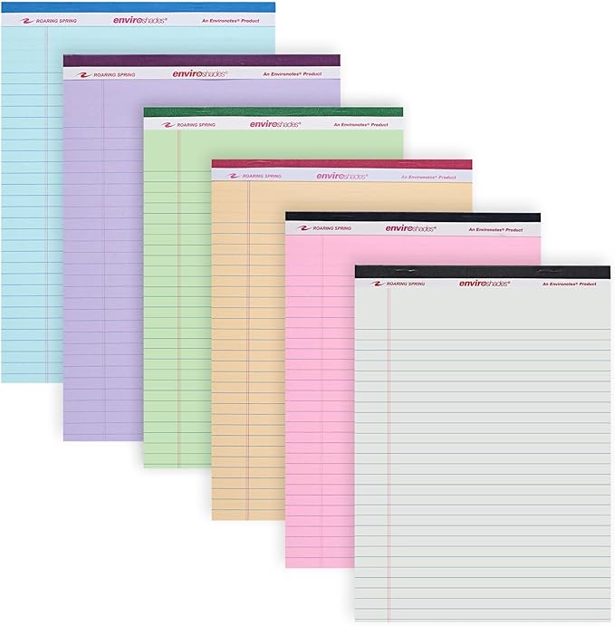 ROARING SPRING Enviroshades Assorted Colored Legal Pads, 6 Pack, Legal Ruled Recycled Writing Note Pads, 8.5" x 11", 50 Sheets, Perforated Paper, Made in USA, Memo Pad For School & Office