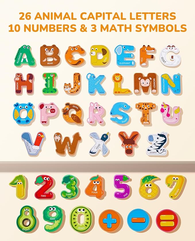 JoyCat Wooden Thick Alphabet Magnets for Toddlers Fridge Large Size Cute Animal Colorful ABC Magnetic Letters 26 Uppercase Letters 0-9 Numbers Toy Set for Kids Toddlers Preschool Learning Spelling