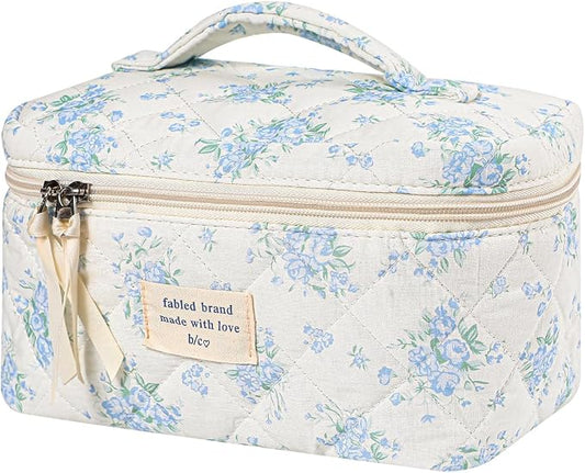 uekeboag Large Travel Quilted Makeup Bag for Women | Soft Floral Cotton Cosmetic Bag, Foldable Coquette Aesthetic Toiletry Organizer