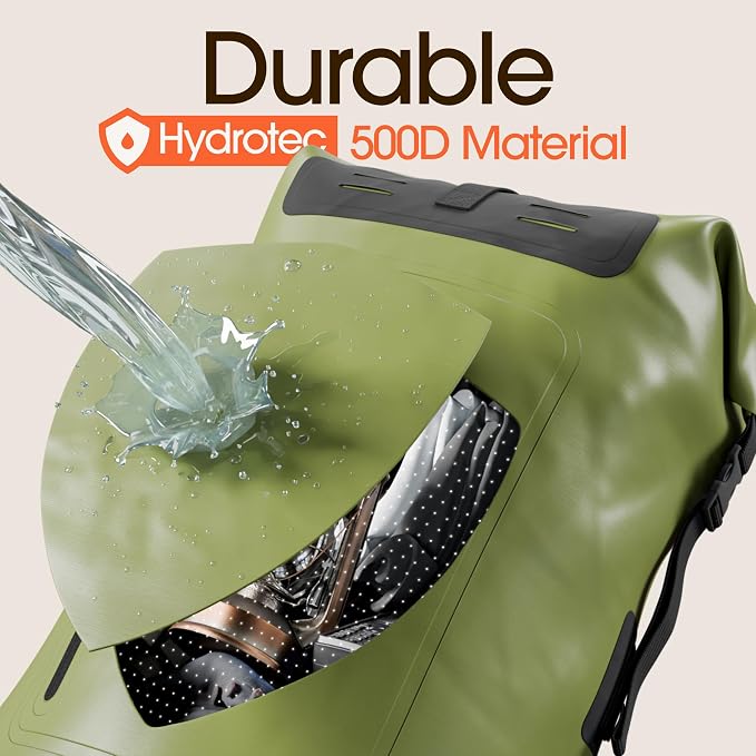 Waterproof Dry Bag Backpack 85L - Kayaking Boating Fishing Rafting Marine | Green 85L dry bag: 500D PVC, abrasion resistant build, IPX8 phone case for river and lake trips