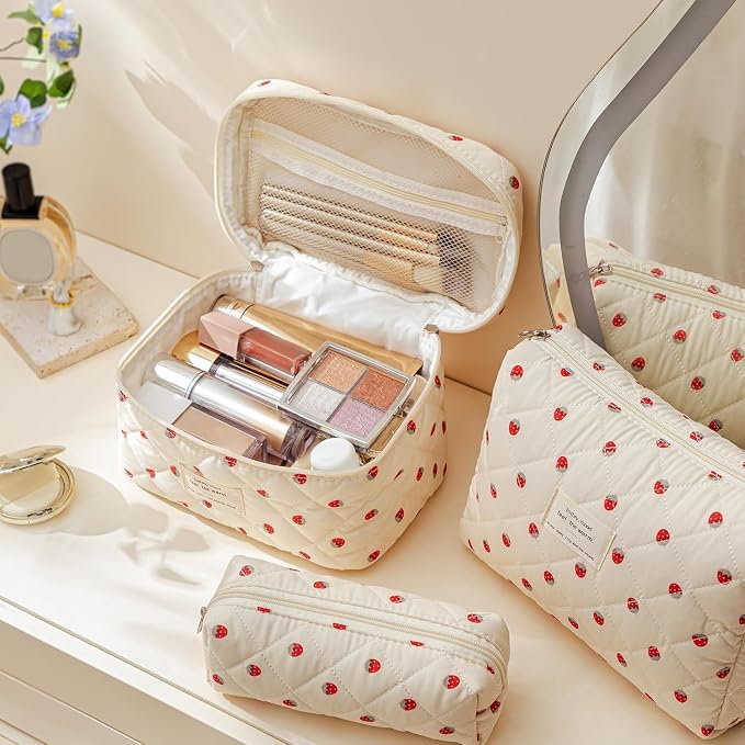 HBselect Quilted Makeup Bag, 3Pcs Cotton Large Travel Makeup Bags Organizer | Cute Floral Make up Bag Cosmetic Bag Toiletry Bag for Women Girls, Makeup Pouch for Skincare, Brushes & Travel Essentials